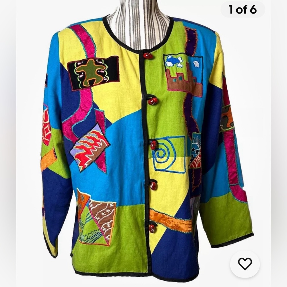 Womens Patchwork Indigo Moon Embroidered Jacket S… - image 1